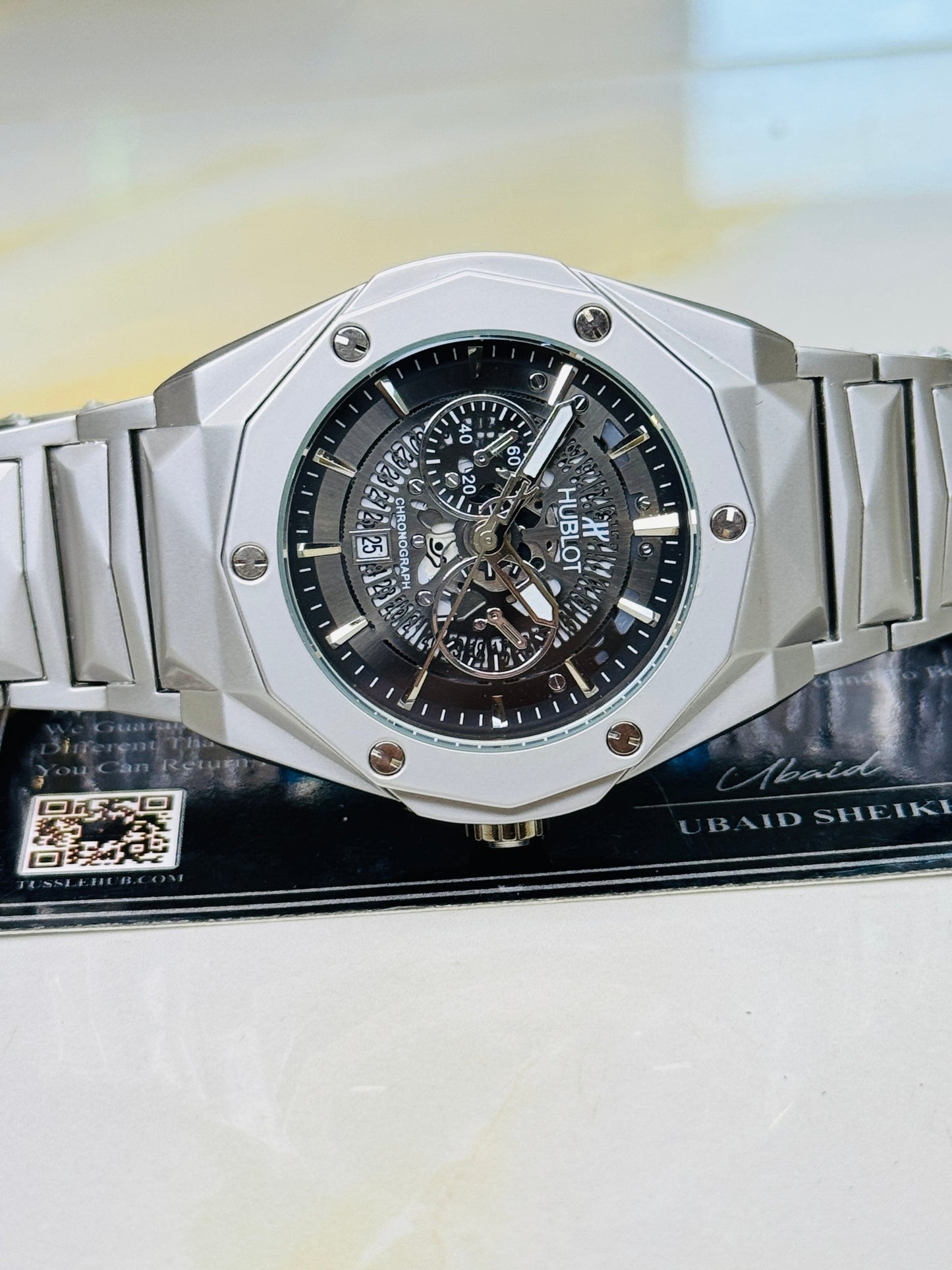 Silver Prism Chain Strapped Black Hologram Dial Hublot Watch