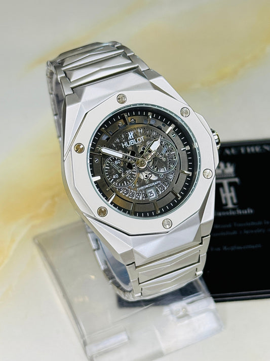 Silver Prism Chain Strapped Black Hologram Dial Hublot Watch