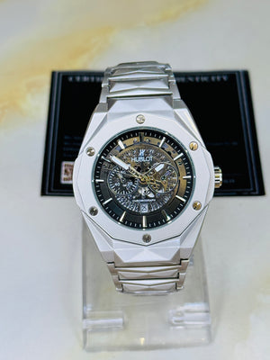 Silver Prism Chain Strapped Black Hologram Dial Hublot Watch